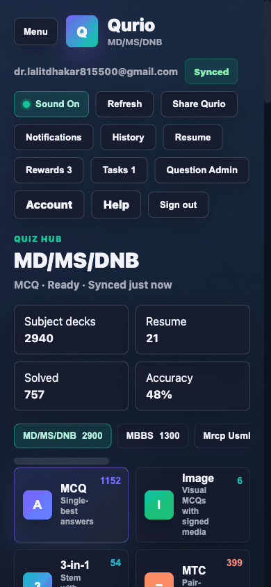 Mobile QurioMed hub with account shortcuts, study mode cards, and synced progress.