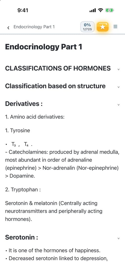 Basic Notes reader open on Endocrinology Part 1 with collapsible headings and reading progress.