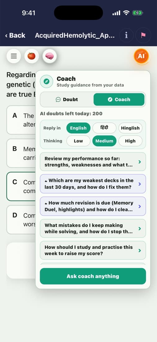 AI Coach with reply language English, Hindi or Hinglish, thinking level, and prompts like weakest decks in the last 30 days.