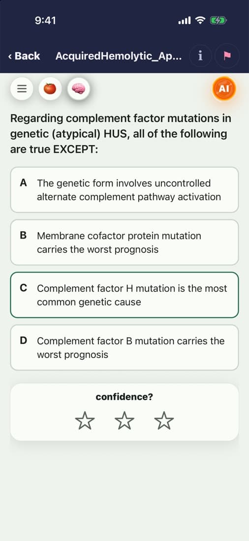 A clinical MCQ on atypical HUS with four options, confidence stars and the AI button.