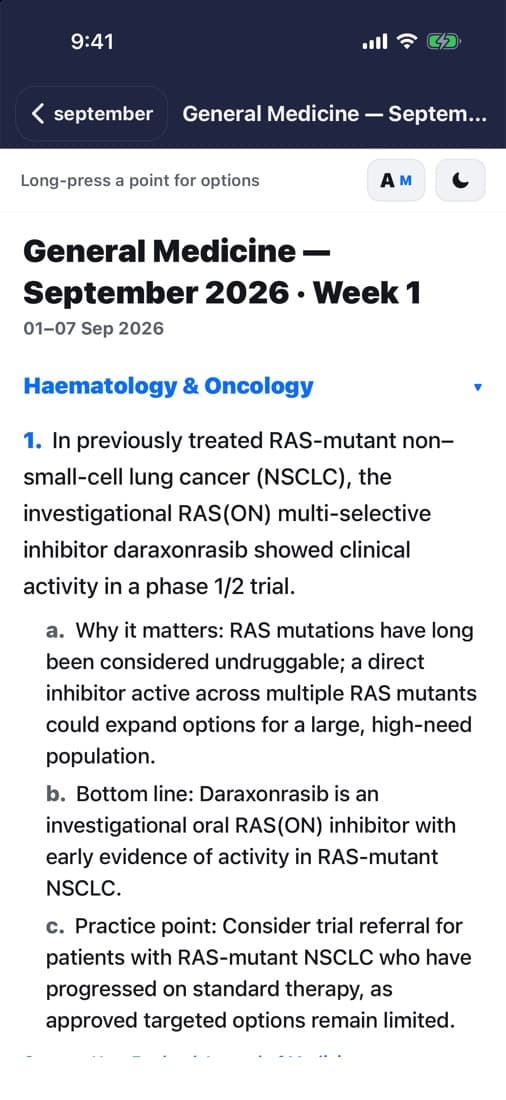 Pulse: General Medicine September 2026 Week 1, grouped by Haematology and Oncology, with why it matters and bottom line.
